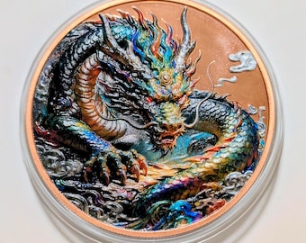 5oz Copper Ultra High Relief Colorized Dragon Copper Bullion Round - Detailed Dragon Eye Reverse