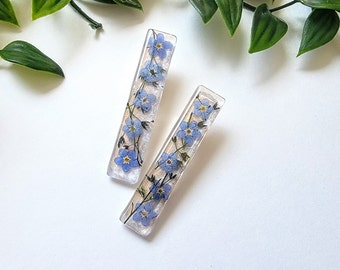 Real natural dried flower barrette, resin hair clip, alligator clip,dried flower long hair accessory, forget-me-not, flower barrette,