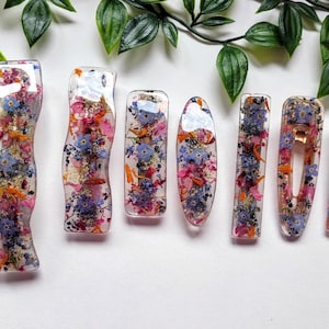 本物の天然花バレッタ、樹脂ヘアクリップ、ドライフラワーヘアクリップ、ワスレナグサ、ウェディング、ロングヘアアクセサリー