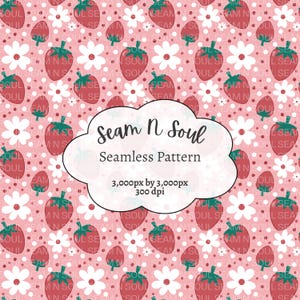 May include: A seamless pattern featuring strawberries and white flowers on a pink background. The design includes the text "Seam N Soul" and "Seamless Pattern". The image is 3,000px by 3,000px at 300 dpi.