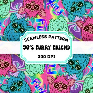 May include: Seamless pattern featuring repeating illustrations of colorful, furry creatures wearing sunglasses. The background has a psychedelic swirl design with the word "FUN" in a stylized font. The text on the image reads "SEAMLESS PATTERN 90'S FURRY FRIEND 300 DPI".