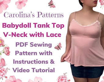 Patrón de costura para camiseta de tirantes Babydoll con escote en V y encaje (tallas XS-XL) - Formato Carta y AO (patrón en PDF)