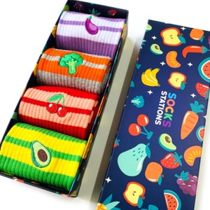 Fruit Embroidered Striped Socket Colorful Socks Box 4 PCS Funy Socks FREE Shipping