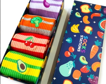 Fruit Embroidered Striped Socket Colorful Socks Box 4 PCS Funy Socks FREE Shipping