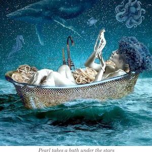 May include: A surreal digital art piece depicts a person in a bathtub filled with pearls, under a starry sky and ocean. A whale, seahorse, and octopus are in the background. The text at the bottom reads "Pearl takes a bath under the stars."