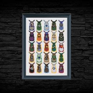 May include: A cross-stitch pattern featuring 25 different colorful aprons with various designs, including a skull, a heart, a star, and a flower.