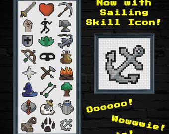 Puede incluir: Un muestrario de punto de cruz enmarcado con una cuadrícula de iconos de pixel art que representan varias habilidades, incluyendo una espada, un corazón y un ancla. El texto dice: Now with Sailing Skill Icon! Oooooo! Wowwwie! Neato! Colores variados.