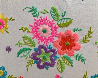 Lightweight Wool Blanket w/ Embroidered Flowers, Mid Century Mod Vintage Throw