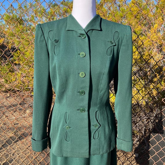 Vintage 50s Hattie Carneige 2 piece Green Gabardine Suit, New Look Jacket & Skirt