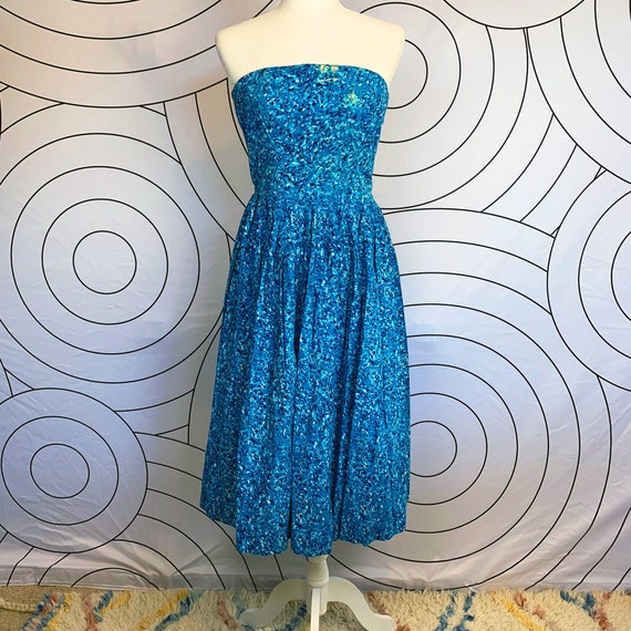 50s Blue Floral Strapless Cotton Sundress, Dress,… - image 2