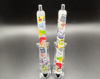 Penna gel glitterata epossidica a tema contabile