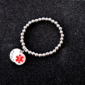 Stainless Steel Medical Alert Bracelet: Stamped Disc, Stretch Bead Design