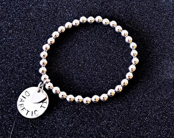 Stainless Steel Medical Alert Bracelet: 6mm Beads Stamped Disc & Heart Charm Many Choices