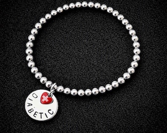 Custom Medical Alert Bracelet: 5mm Stainless Steel Beads, 20mm Disc, Red Cross Heart Charm Many sizes and medical conditions