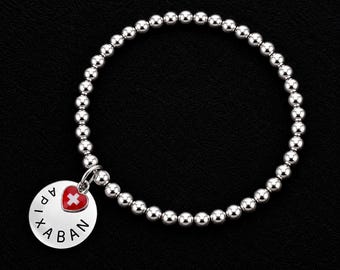 Stainless Steel Medical Alert Bracelet: 6mm Beads Stamped Disc & Red Cross Heart Charm Many Choices