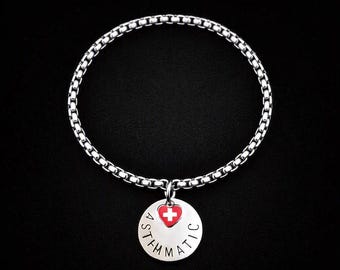 Stainless Steel Medical Alert Bracelet: Stamped Disc & Red Cross Heart Charm Many Choices