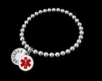 Stainless Steel Medical Alert Bracelet: 6mm Beads Stamped Disc, Stretch Bead Design Many Choices