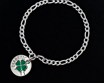 Medical Alert Bracelet: Stainless Steel Figaro Chain Personalised Engraved Disc Lucky Clover Charm