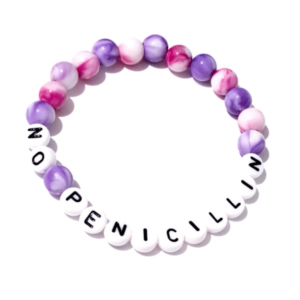 Medical Alert Bracelet Warning Marbled Pink & Purple Candy Swirl Acrylic Beads Stretch Many Medical Conditions and Sizes