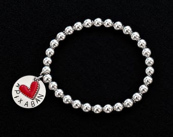 Stainless Steel Medical Alert Bracelet: 6mm Beads Stamped Disc & Red Heart Charm Many Choices