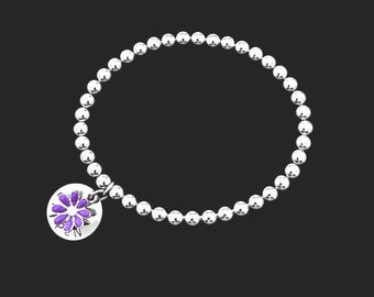 Personalized Medical Alert Bracelet – 5mm Stainless Steel Beads, 20mm Stamped Disc & Flower Charm