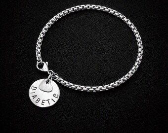 Medical Alert Bracelet Warning SOS Emergency Stainless Steel Box Chain Disc & Stainless Steel Heart Charm Many Medical Choices