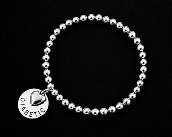 Stainless Steel Medical Alert Bracelet: 5mm Beads Stamped Disc & Solid Heart Charm Many Choices