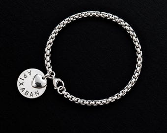 Stainless Steel Medical Alert Bracelet: Box Chain Stamped Disc & Solid Heart Charm Many Choices
