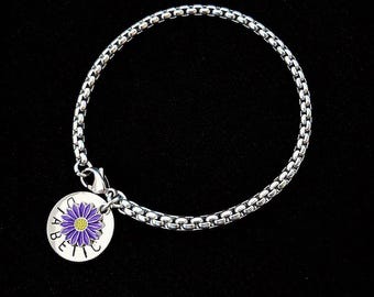 Medical Alert Bracelet: Stainless Steel Box Chain, Purple Flower Charm Many Choices
