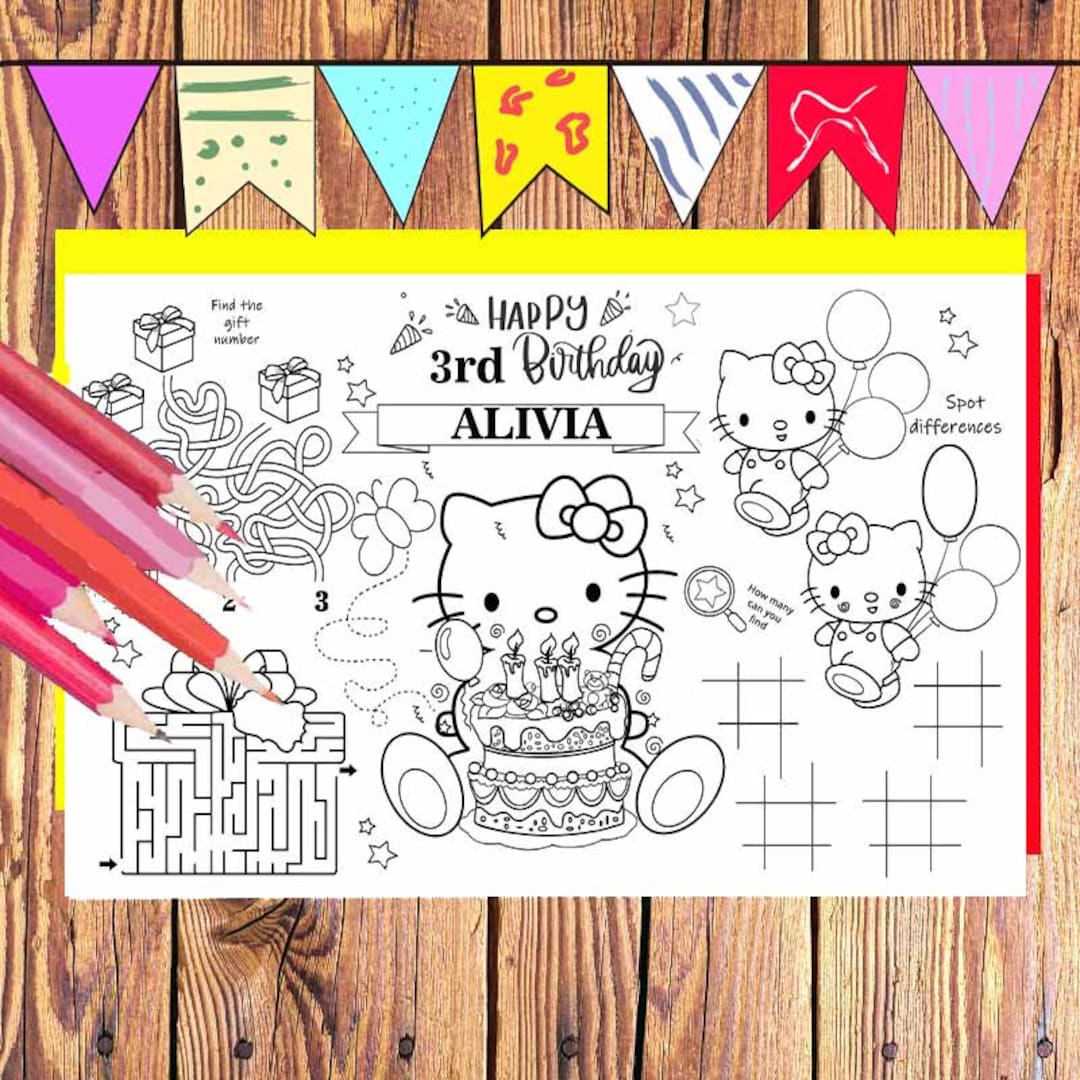 Kitty Birthday Coloring Placemat Birthday Party Favors Hello Etsy