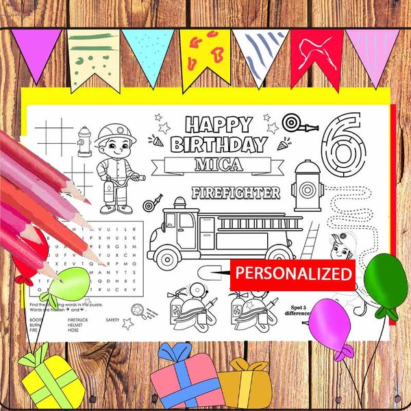 Fire Truck Birthday Coloring Page - Etsy