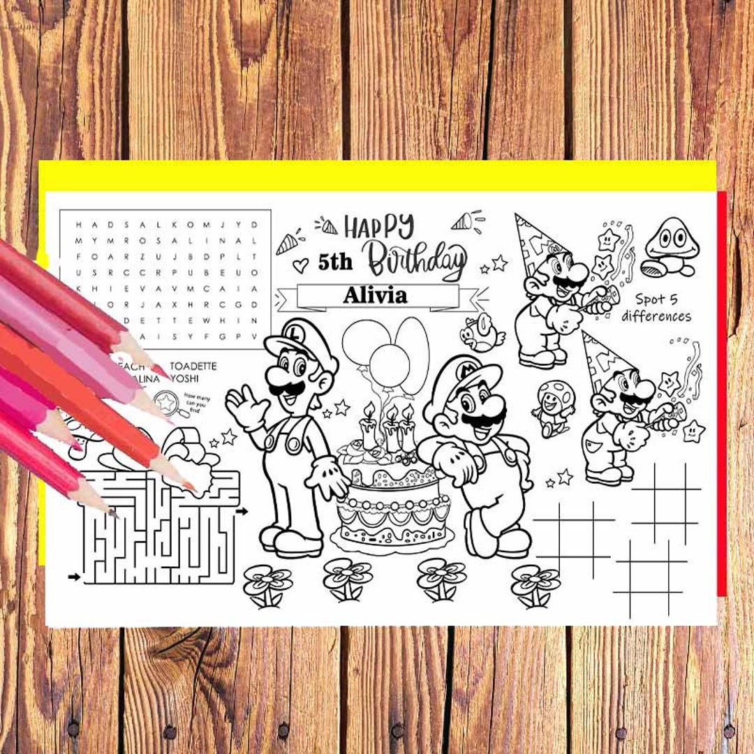 Super Mario Birthday Coloring Placemat Brothers Game Party Etsy