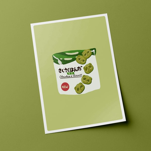 Cartel japonés de galletas matcha, arte japonés de la pared de pasteles, ilustración de viajes de Japón, lindo arte de la pared de la cocina