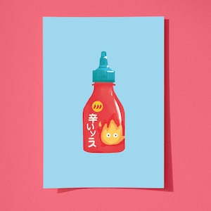 Póster de El castillo ambulante, ilustración de Ghibli, linda impresión japonesa, Calcifer, comida linda, arte con sriracha