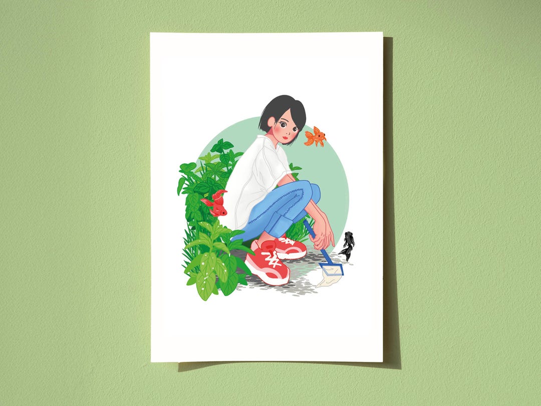 Girl and Goldfish Poster, Japanese Wall Art, Cute Illustration - Etsy