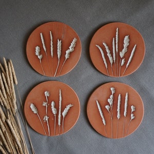 Unique Floral Coaster Set of 4, Wild Flower Terracotta Coasters, Dried Flower Imprint on Ceramic Tile, Plant Lover Present