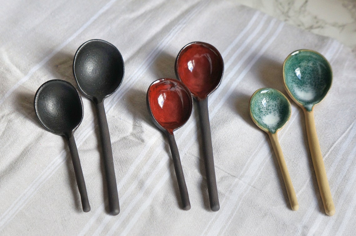 Handmade Ceramic Spoons Set: Black Stoneware Serving Spoons, Kitchen ...