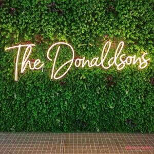 Puede incluir: Un letrero de ne&oacute;n blanco con el texto "The Donaldsons" en una pared verde con peque&ntilde;as plantas.