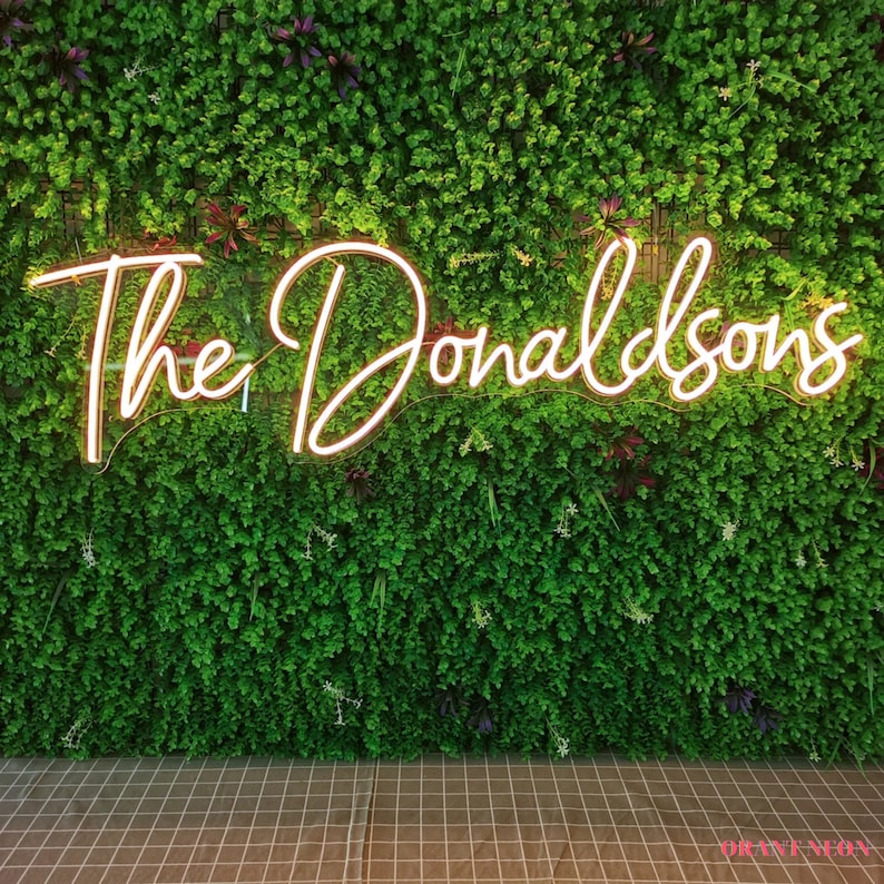 Puede incluir: Un letrero de ne&oacute;n blanco con el texto "The Donaldsons" en una pared verde con peque&ntilde;as plantas.