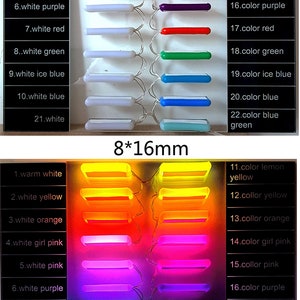 Puede incluir: Un conjunto de 22 tiras de luz LED en varios colores, incluyendo blanco c&aacute;lido, amarillo, naranja, rosa, morado, rojo, verde, azul y azul hielo. Las tiras tienen 8 mm de ancho y 16 mm de largo. El texto "8*16mm" est&aacute; impreso en la imagen.