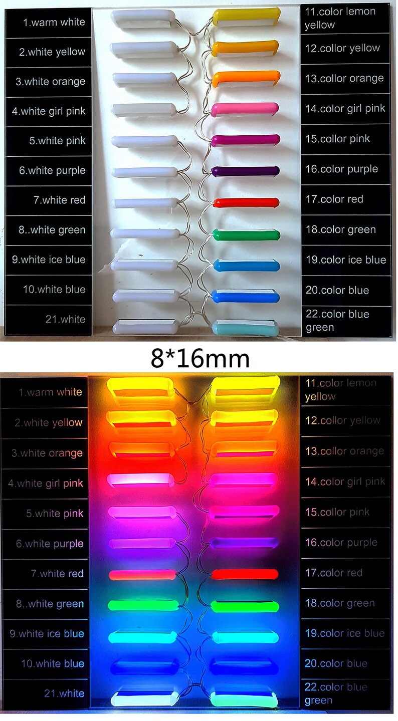 Puede incluir: Un conjunto de 22 tiras de luz LED en varios colores, incluyendo blanco c&aacute;lido, amarillo, naranja, rosa, morado, rojo, verde, azul y azul hielo. Las tiras tienen 8 mm de ancho y 16 mm de largo. El texto "8*16mm" est&aacute; impreso en la imagen.
