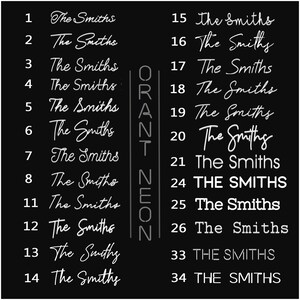 Puede incluir: Una imagen en blanco y negro con el texto "The Smiths" repetido varias veces en diferentes fuentes y tama&ntilde;os. El texto est&aacute; dispuesto en dos columnas con la palabra "ORANT NEON" verticalmente entre las columnas.
