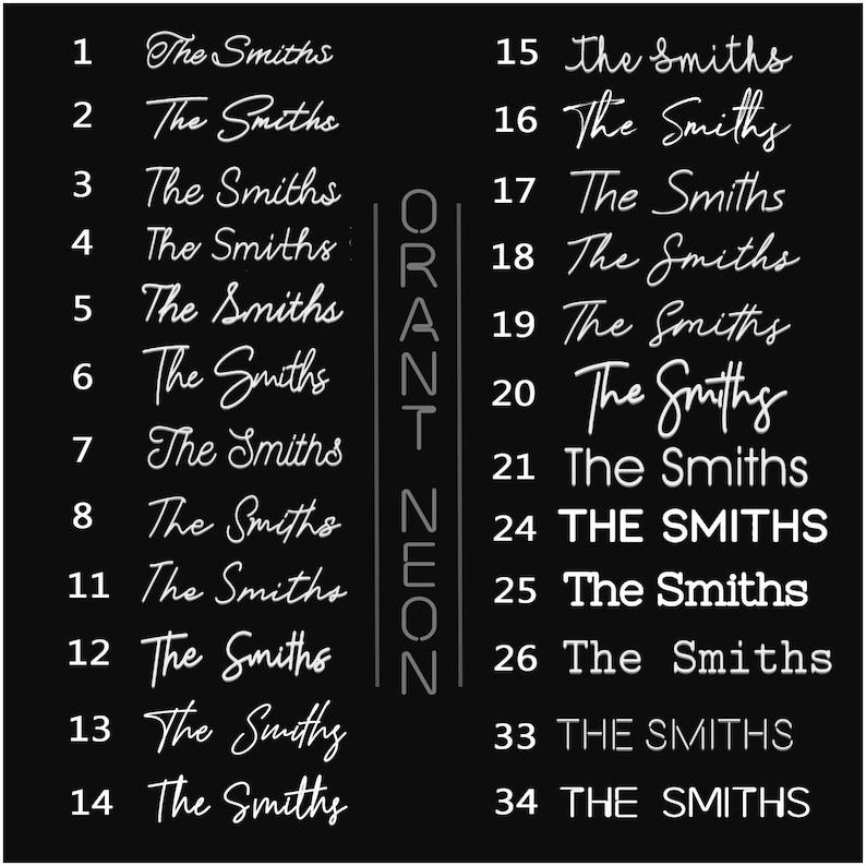 Puede incluir: Una imagen en blanco y negro con el texto "The Smiths" repetido varias veces en diferentes fuentes y tama&ntilde;os. El texto est&aacute; dispuesto en dos columnas con la palabra "ORANT NEON" verticalmente entre las columnas.