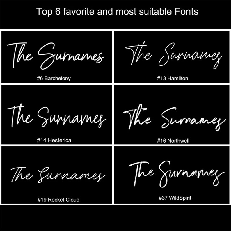 Puede incluir: Una imagen en blanco y negro que muestra seis estilos de fuente diferentes para el texto "The Surnames". Cada fuente est&aacute; etiquetada con un n&uacute;mero y un nombre, como "#6 Barchelony" y "#13 Hamilton".
