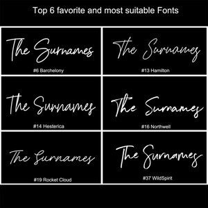 May include: A black and white image showcasing six different font styles for the text "The Surnames". Each font is labeled with a number and a name, such as "#6 Barchelony" and "#13 Hamilton".