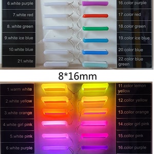 May include: A color chart of 22 different LED light strips, each measuring 8 by 16 millimeters. The colors include warm white, white yellow, white orange, white girl pink, white pink, white purple, white red, white green, white ice blue, white blue, lemon yellow, collor yellow, collor orange, color girl pink, collor pink, color purple, color red, color green, color ice blue, color blue, and color blue green.