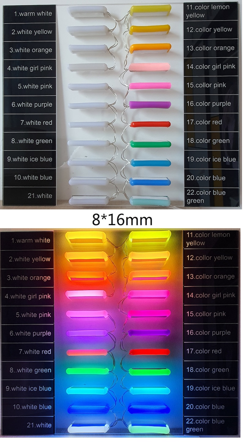 May include: A color chart of 22 different LED light strips, each measuring 8 by 16 millimeters. The colors include warm white, white yellow, white orange, white girl pink, white pink, white purple, white red, white green, white ice blue, white blue, lemon yellow, collor yellow, collor orange, color girl pink, collor pink, color purple, color red, color green, color ice blue, color blue, and color blue green.