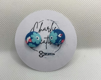 Light Blue Flower Floral Handmade 15mm Fabric Stud Earrings with Surgical Steel Posts