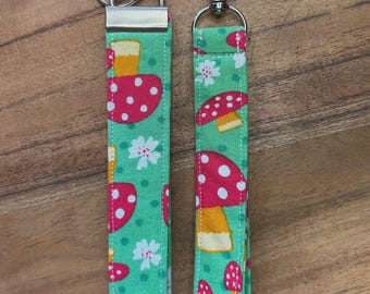 Mushroom Floral Wristlet Keychain | Cottagecore Fabric Key Fob | Woodland Strap