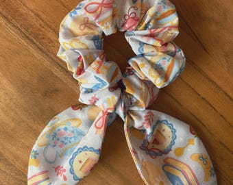 Bow Scrunchie | French Inspired Hair Accessory | Cute Pastry & Book Print Scrunchie | Handmade Hair Tie